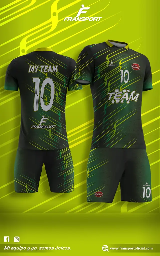 Poleras y corto Fútbol Diseño Fransport Personalizable full sublimado (Negro)