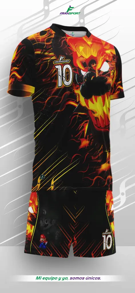 Poleras y corto Fútbol Diseño Fransport Personalizable full sublimado (Negro)