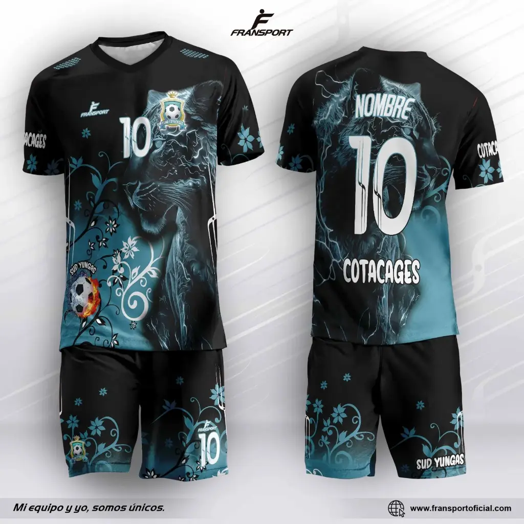 Poleras y corto Fútbol Diseño Fransport Personalizable full sublimado (Negro)