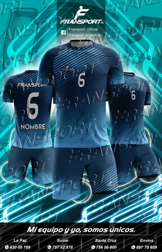 Poleras y corto Fútbol Diseño Fransport Personalizable full sublimado (Azul marino)