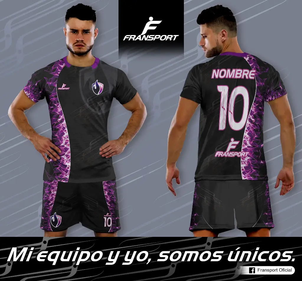 Poleras y corto Fútbol Diseño Fransport Personalizable full sublimado (Negro)