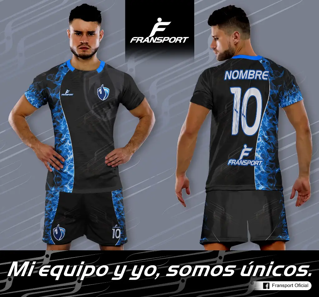 Poleras y corto Fútbol Diseño Fransport Personalizable full sublimado (Negro)