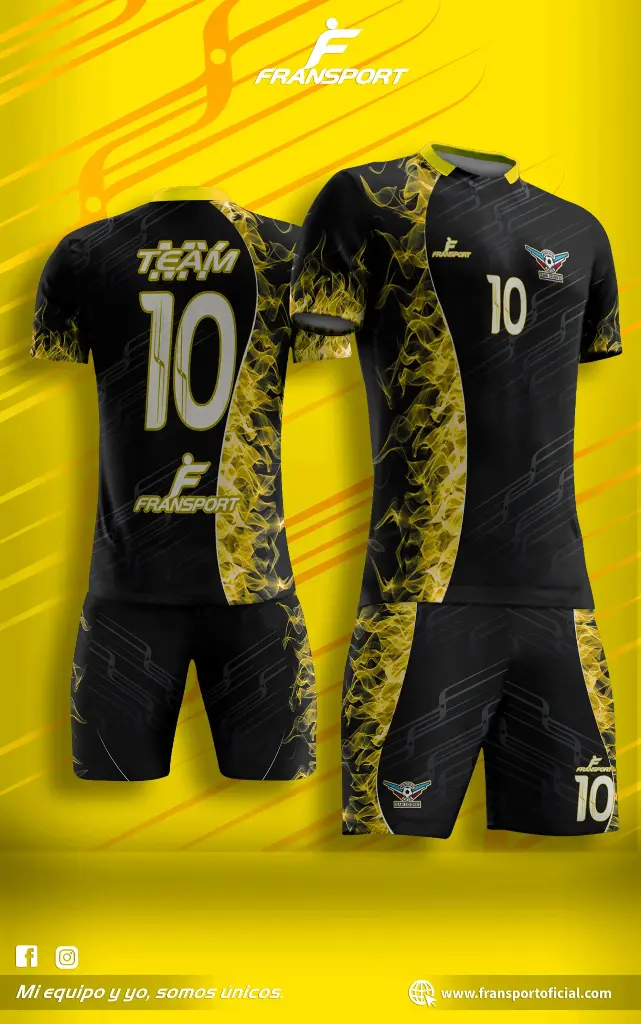 Poleras y corto Fútbol Diseño Fransport Personalizable full sublimado (Negro)