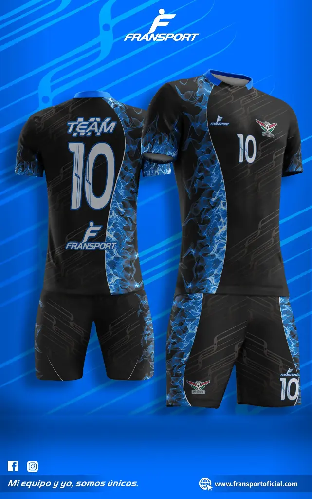 Poleras y corto Fútbol Diseño Fransport Personalizable full sublimado (Negro)
