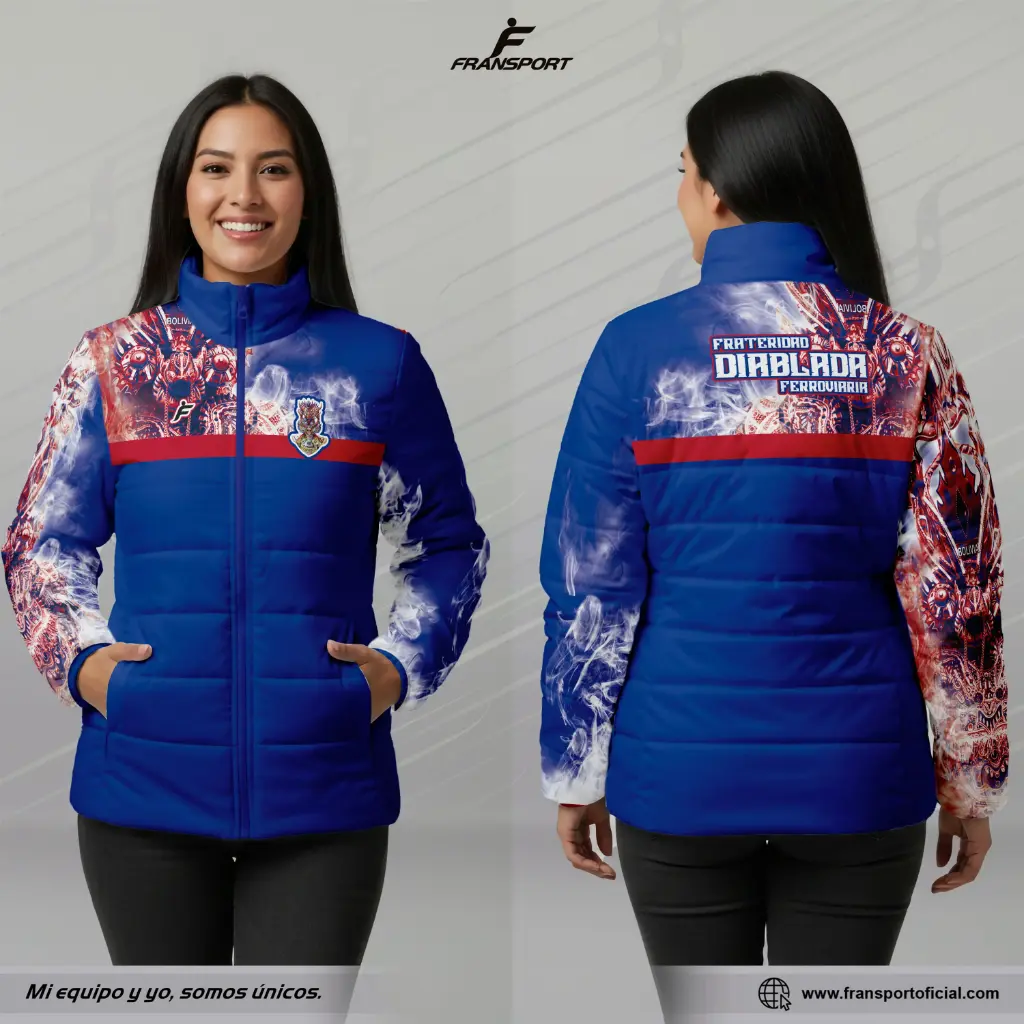 Chamarra termica mujer Estilo Folklor Bolivia – Diablada | Modelo Personalizable – Fransport - ID 1264 (Azul)