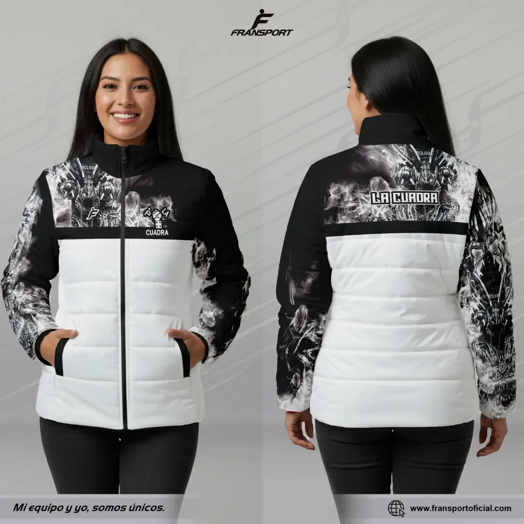 Chamarra termica mujer Estilo Folklor Bolivia – Diablada | Modelo Personalizable – Fransport - ID 1260 (Blanco)