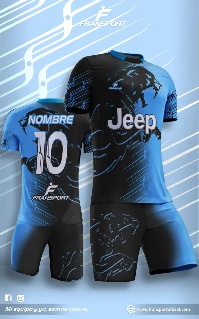 Poleras y corto Fútbol Diseño Fransport Personalizable full sublimado (Negro)