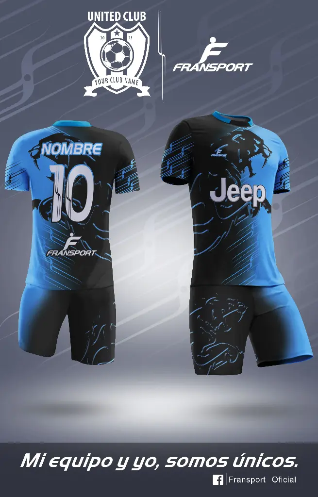 Poleras y corto Fútbol Diseño Fransport Personalizable full sublimado (Negro)