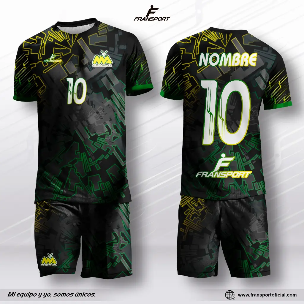 Poleras y corto Fútbol Diseño Fransport Personalizable full sublimado (Negro)