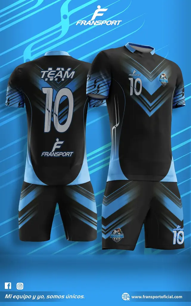 Poleras y corto Fútbol Diseño Fransport Personalizable full sublimado (Negro)
