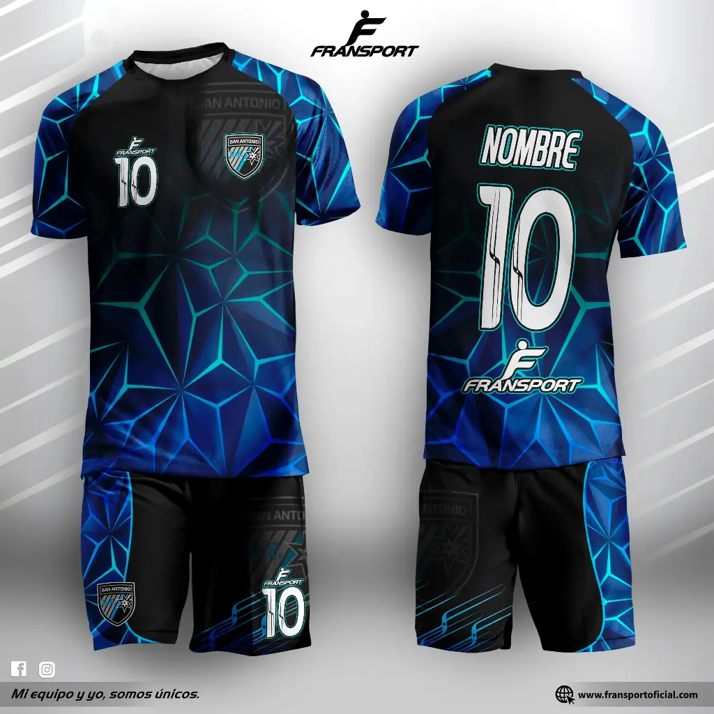 Poleras y corto Fútbol Diseño Fransport Personalizable full sublimado (Negro)