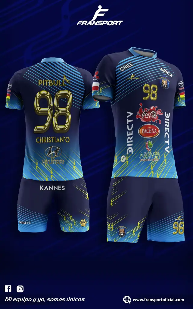 Poleras y corto Fútbol Diseño Fransport Personalizable full sublimado (Azul)