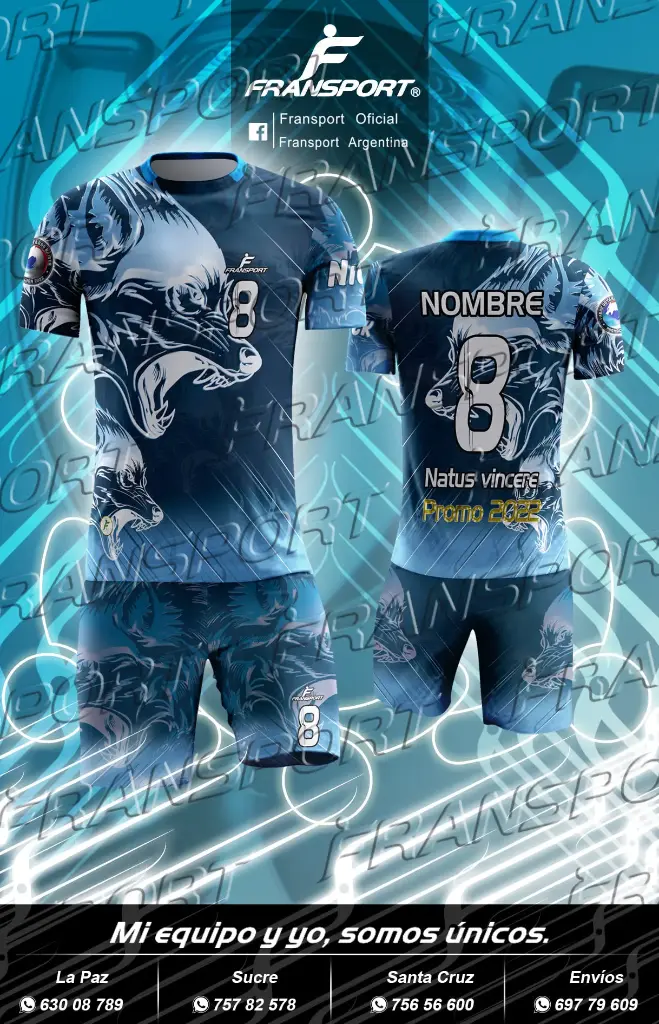 Poleras y corto Fútbol Diseño Fransport Personalizable full sublimado (Azul)