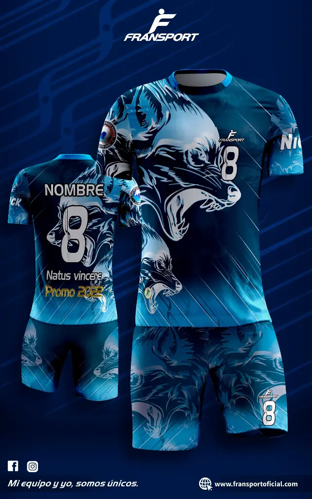 Poleras y corto Fútbol Diseño Fransport Personalizable full sublimado (Azul)